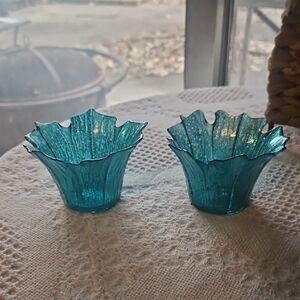 🍀Teal Blue Fluted Glass Votive Holders - Set of 2🍀